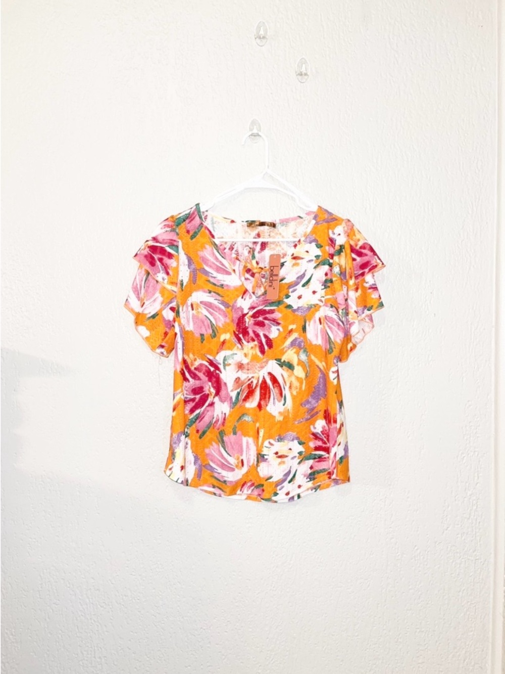 Belldini Orange Floral Short Sleeve Blouse